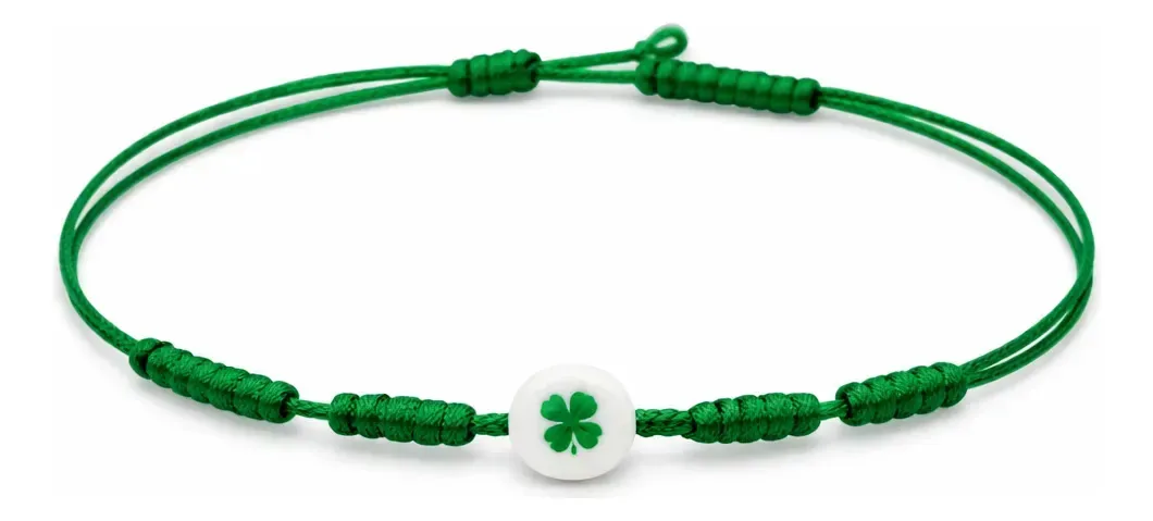 Pulseira 7 Nós Com Trevo De 4 Folhas - Sorte Proteção Verde 13 Cm