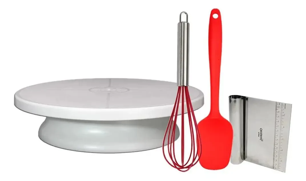 Kit Confeiteiro Com Batedor Fuê Espátulas E Prato Giratório