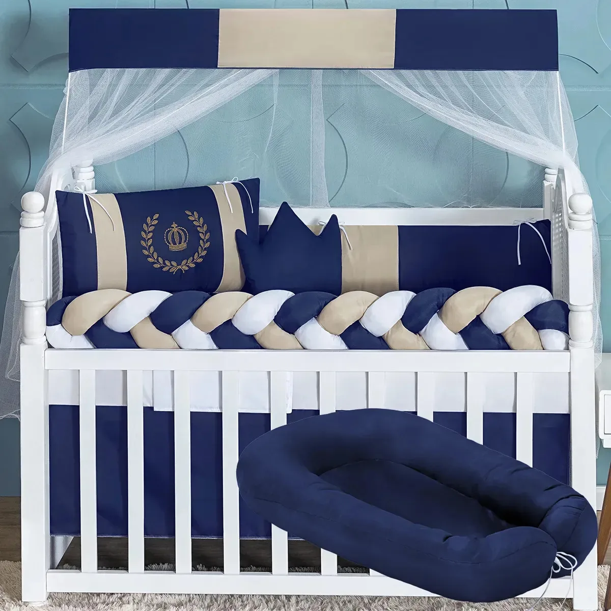 Kit Enxoval De Berço Realeza Ninho Redutor Casulinho Realeza Azul-marinho