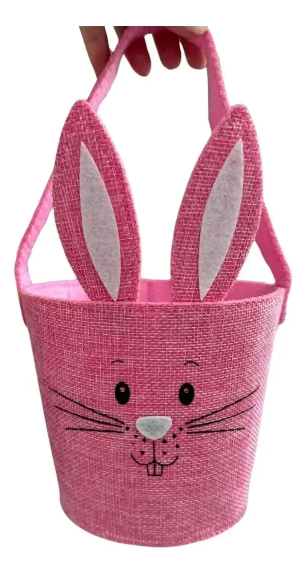 Cestinha Jeans Coelhinho Dentuço Pascoa Decorativo Orelhas Cor Rosa