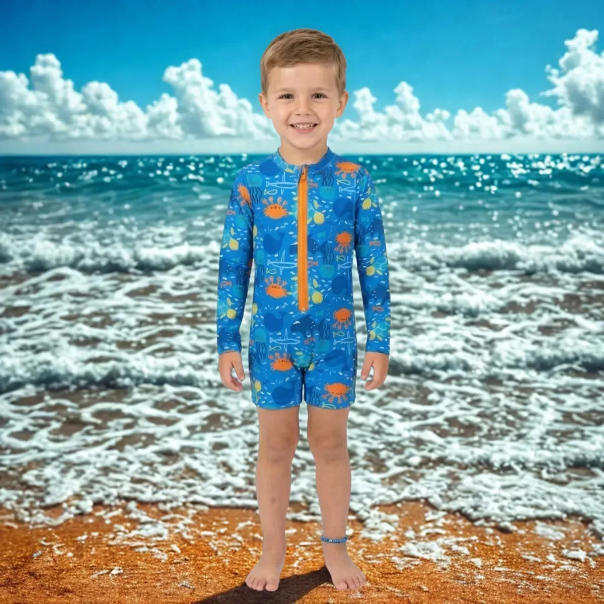 Macacão Infantil Moda Praia Verão Proteção Solar Manga Longa Cor Azul Desenho Do Tecido Bichinhos Do Mar Tamanho 2