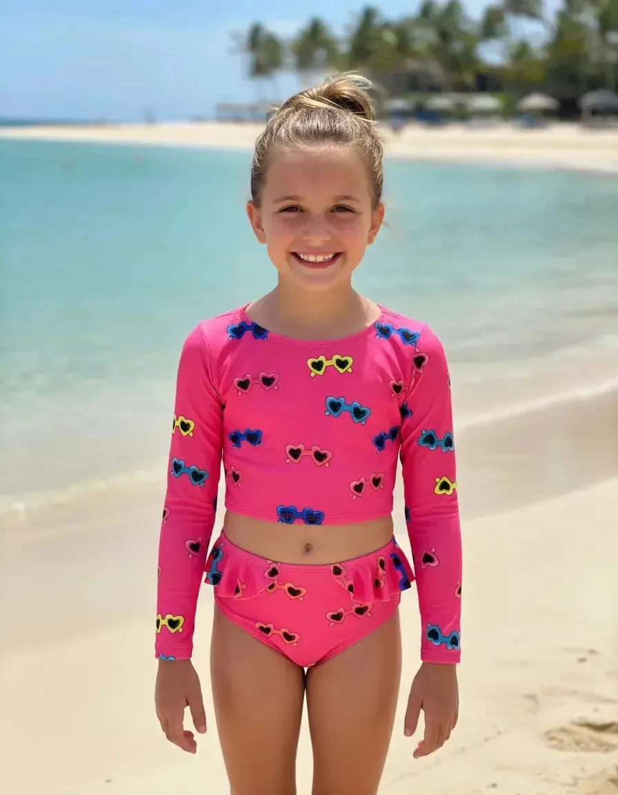 Biquíni Infantil Cropped Moda Praia Piscina Verão Maio Cor Estampado Desenho Do Tecido Óculos Tamanho 02
