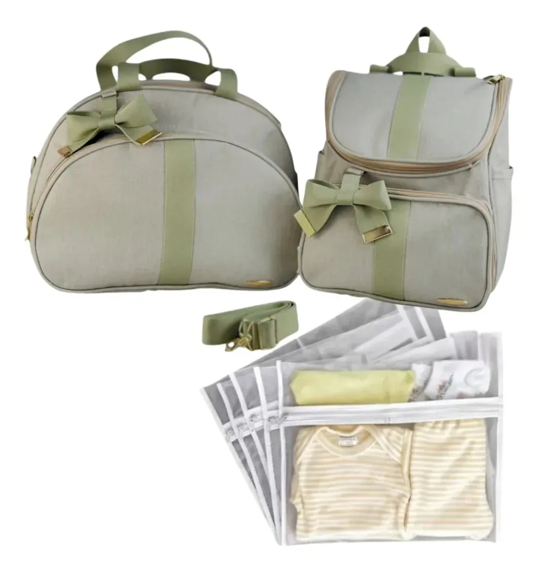 Kit Bolsa Maternidade Mochila Bebê Luxo Com Laço Verde Verde Oliva
