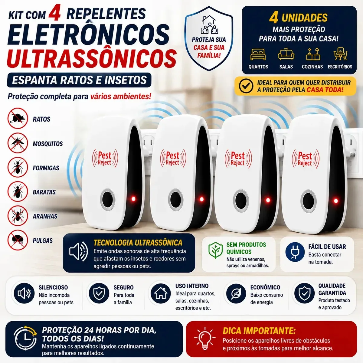 Kit 4 Repelentes Ultrassônicos Eletrônicos para Ratos e Insetos. Distribua pela casa e proteja quarto, sala, cozinha e outros ambientes ao mesmo tempo. Práticos e direto na tomada - Greendles