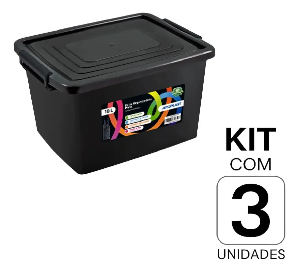 Kit 3 Caixas Organizadoras 10l Multiuso Com Tampa E Travas Preto