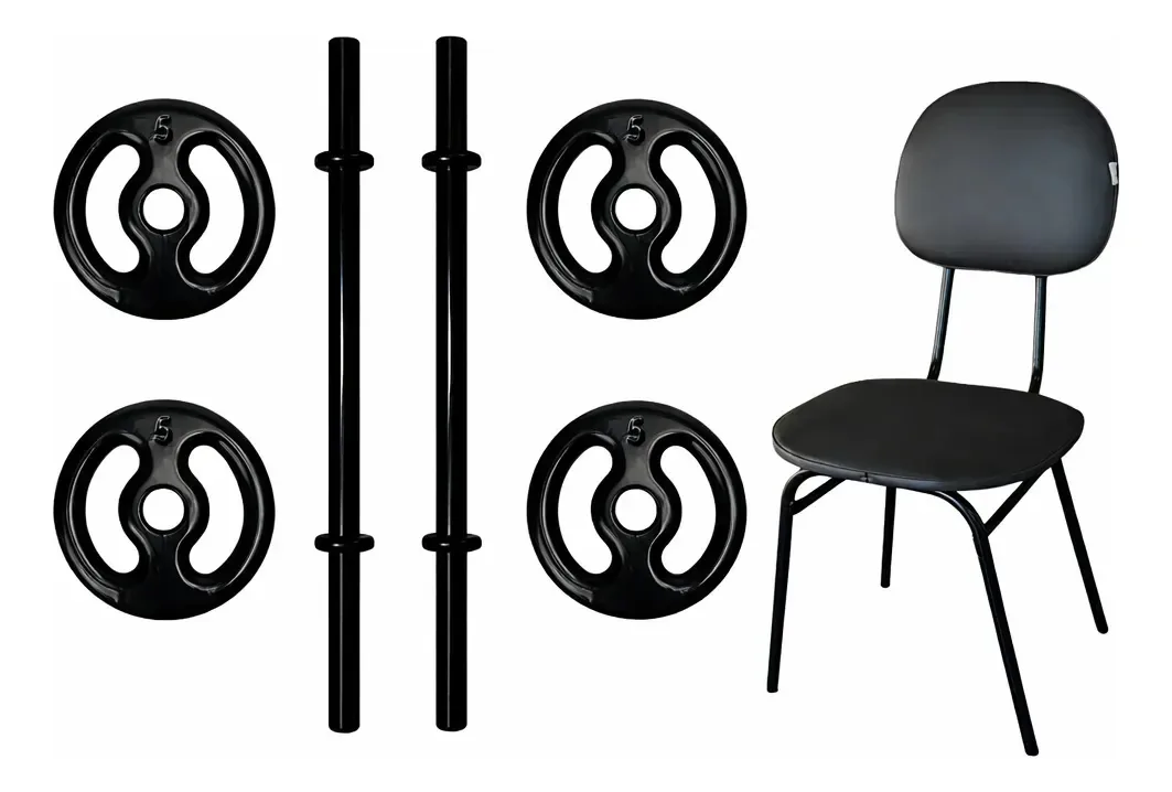 Kit Fitness Completo Barra 45cm com 4 Anilhas 5kg e Cadeira de Exercício para Treino em Casa Academia Residencial Musculação Prática e Confortável e Versátil