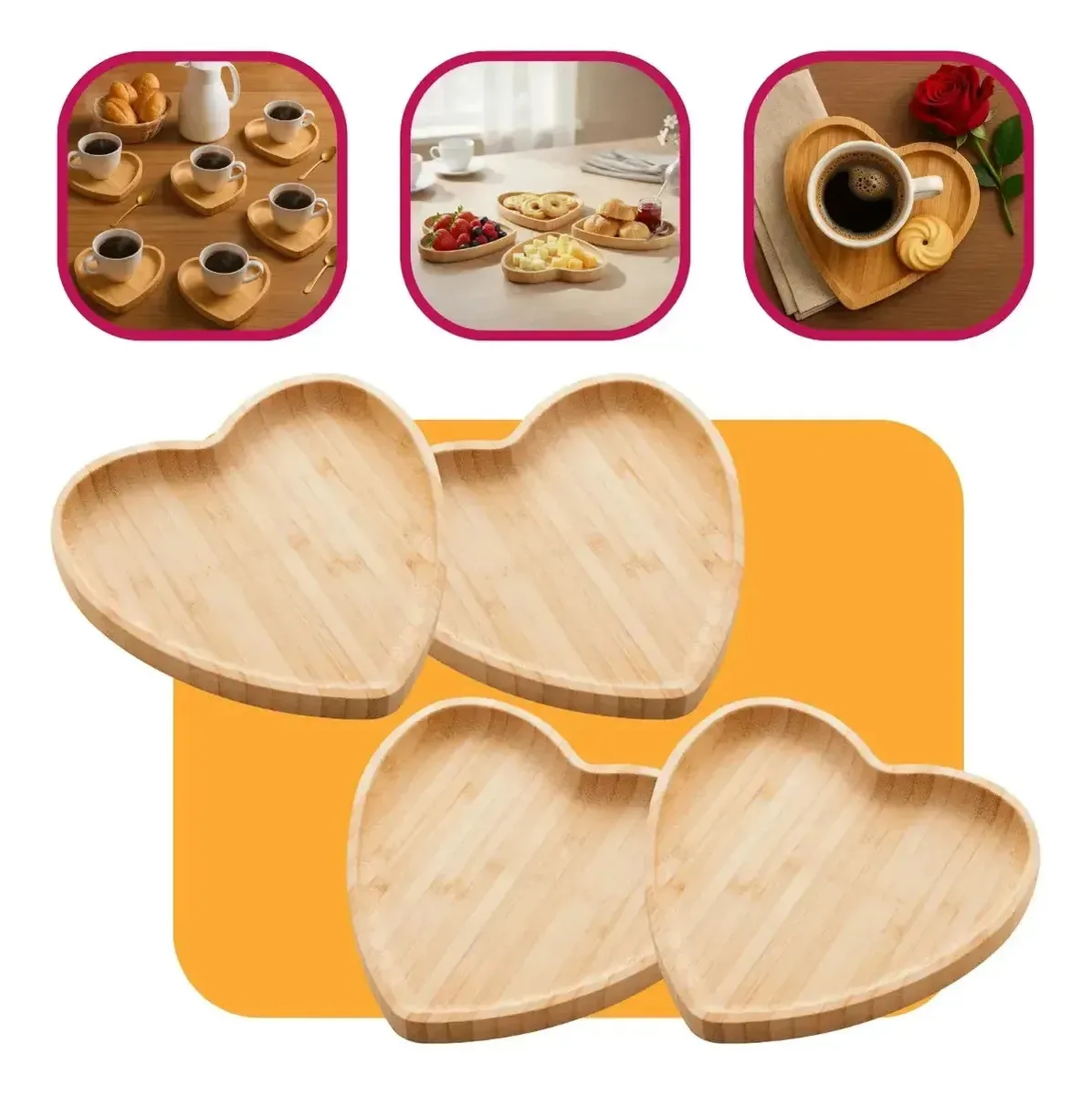 Jogo 4 Pratos De Bambu Decorativa Para Servir E Decorar Luxo Natural