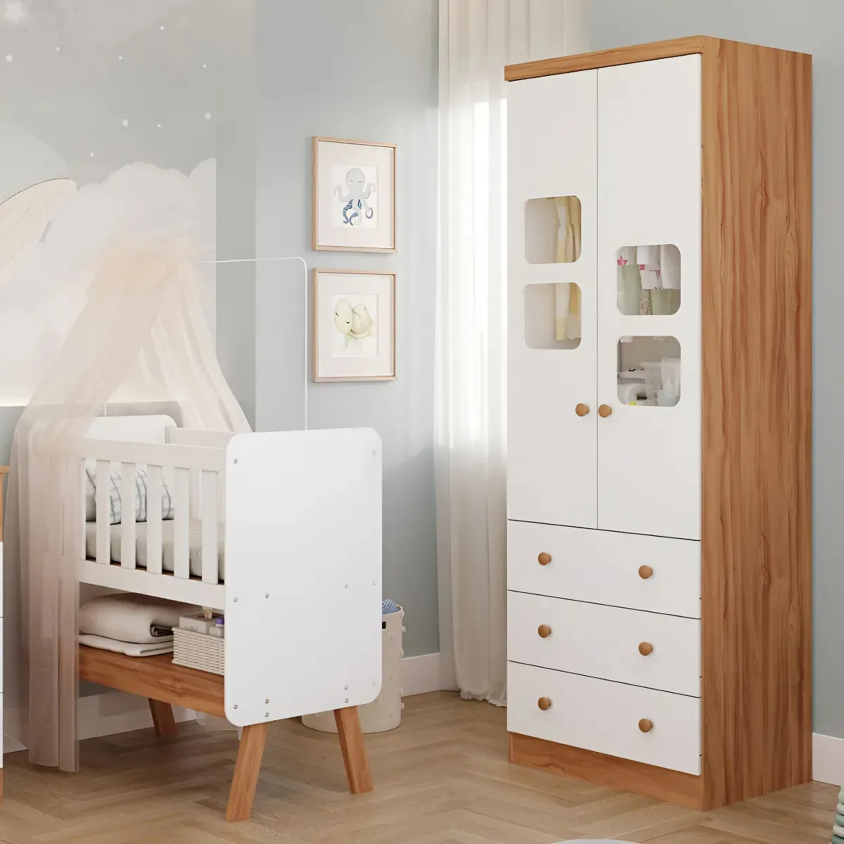 Quarto Bebê Completo Faura Miniberço Colchão Guarda Roupa Cor Amêndoa/branco