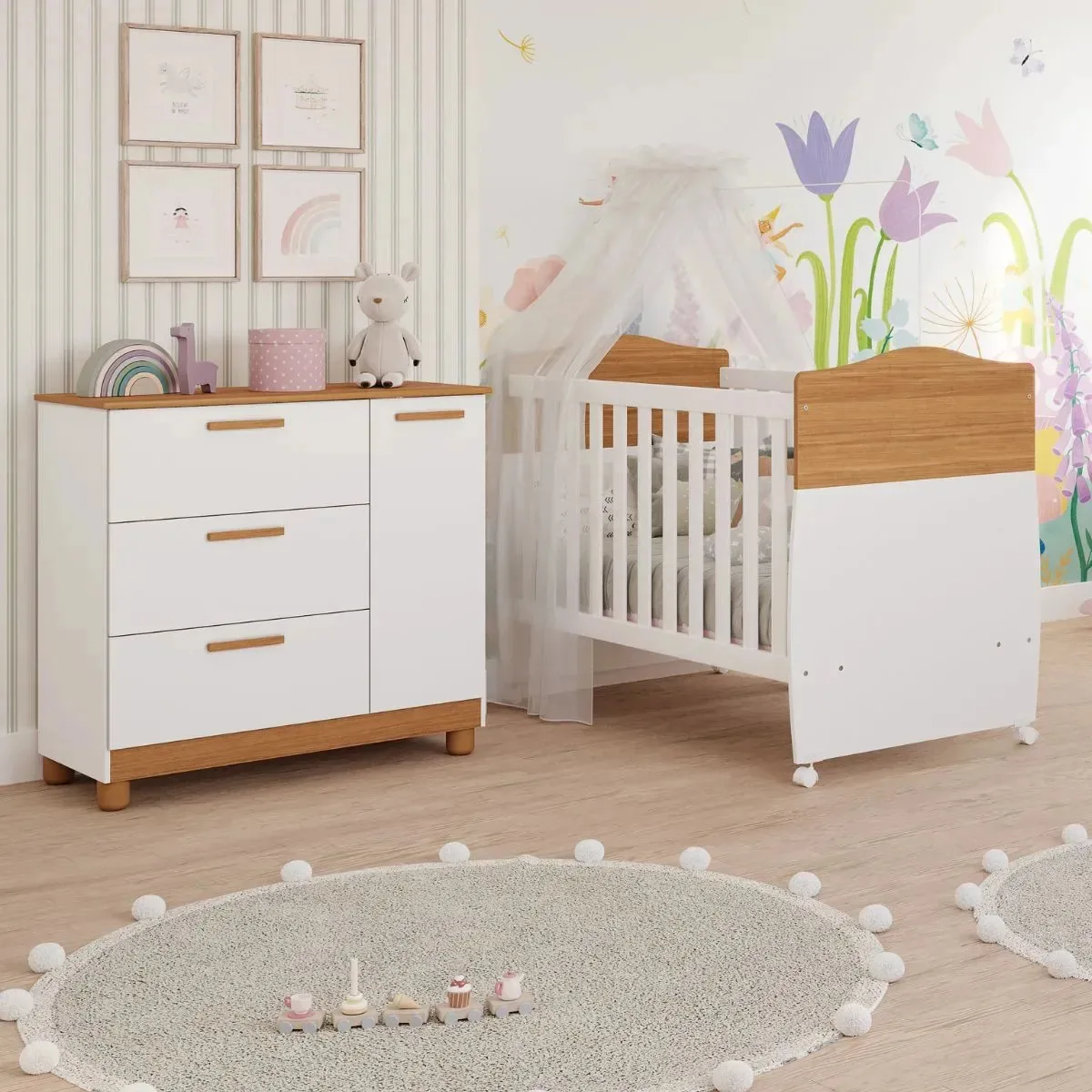 Quarto Bebê Completo Berço Americano Cômoda Lírio 100% Mdf Branco Acetinado/nature