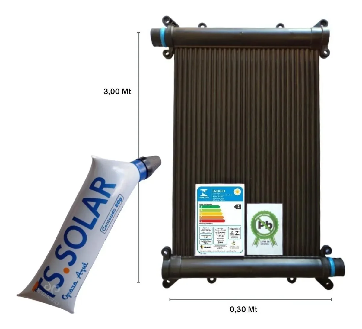 4 Placas Aquecedor Solar Piscinas 3,00x0,30 + Graxa P/ Placa