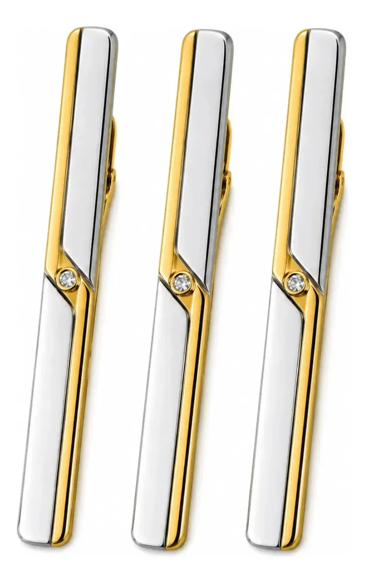Kit 3 Prendedores De Gravata Masculino Luxo Aço Inox Gold Silver Transpasado