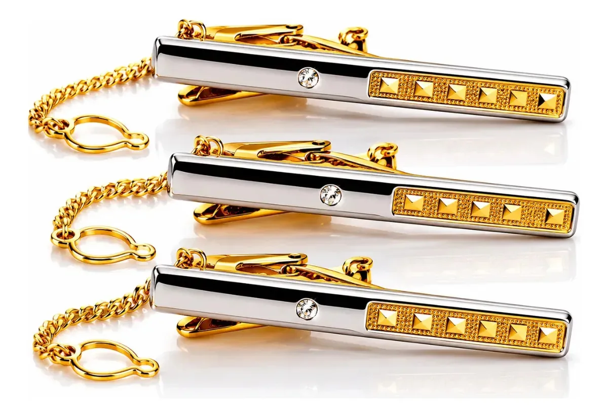 Kit 3 Prendedores De Gravata Executivo Luxo Inox Premium Gold Silver