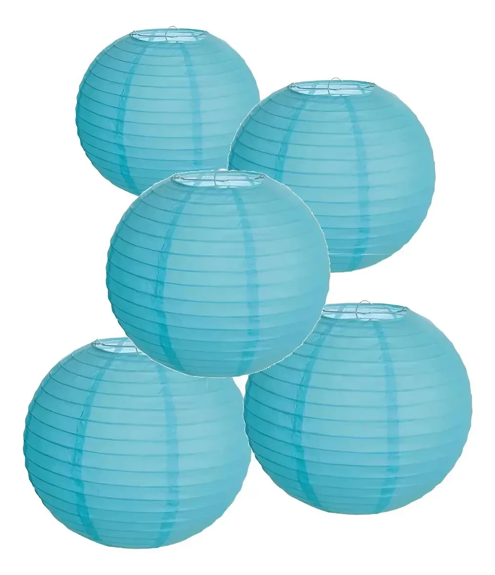 5 Luminarias De 30 Cm Lanterna Oriental Luminaria Chinesa Cor Azul Liso