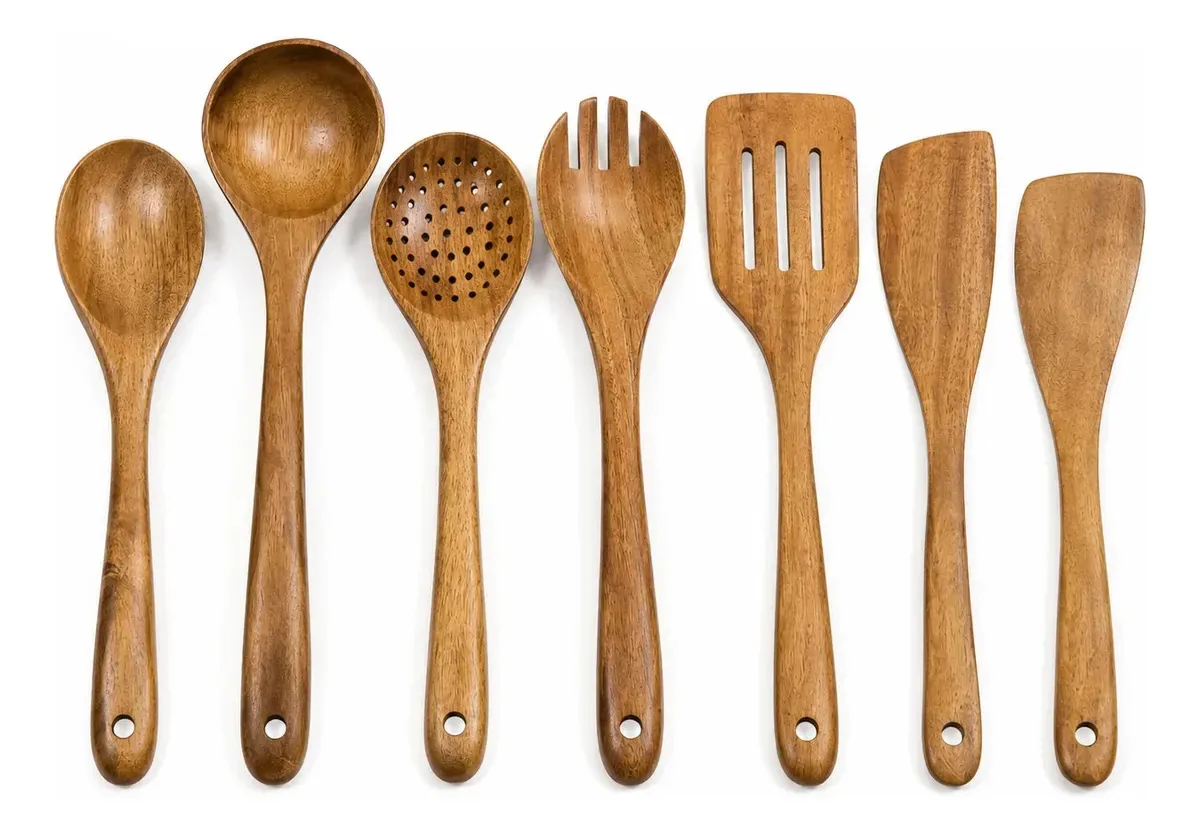Kit 7 Utensílios Cozinha Madeira Colheres E Espátulas Madeira