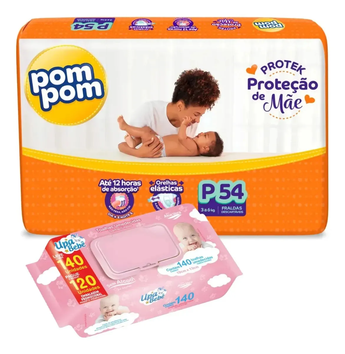 Kit Fraldas Descartáveis Protek Mega + Toalhas Umedecidas P - Rosa