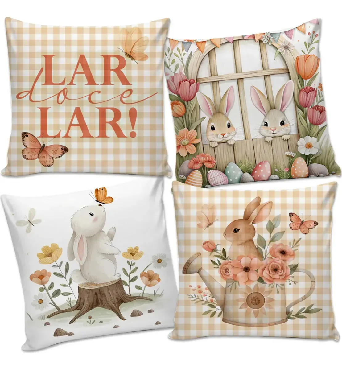 Kit Capa De Almofada 45x45 Coelhos Decoração De Páscoa Laranja Coelhos