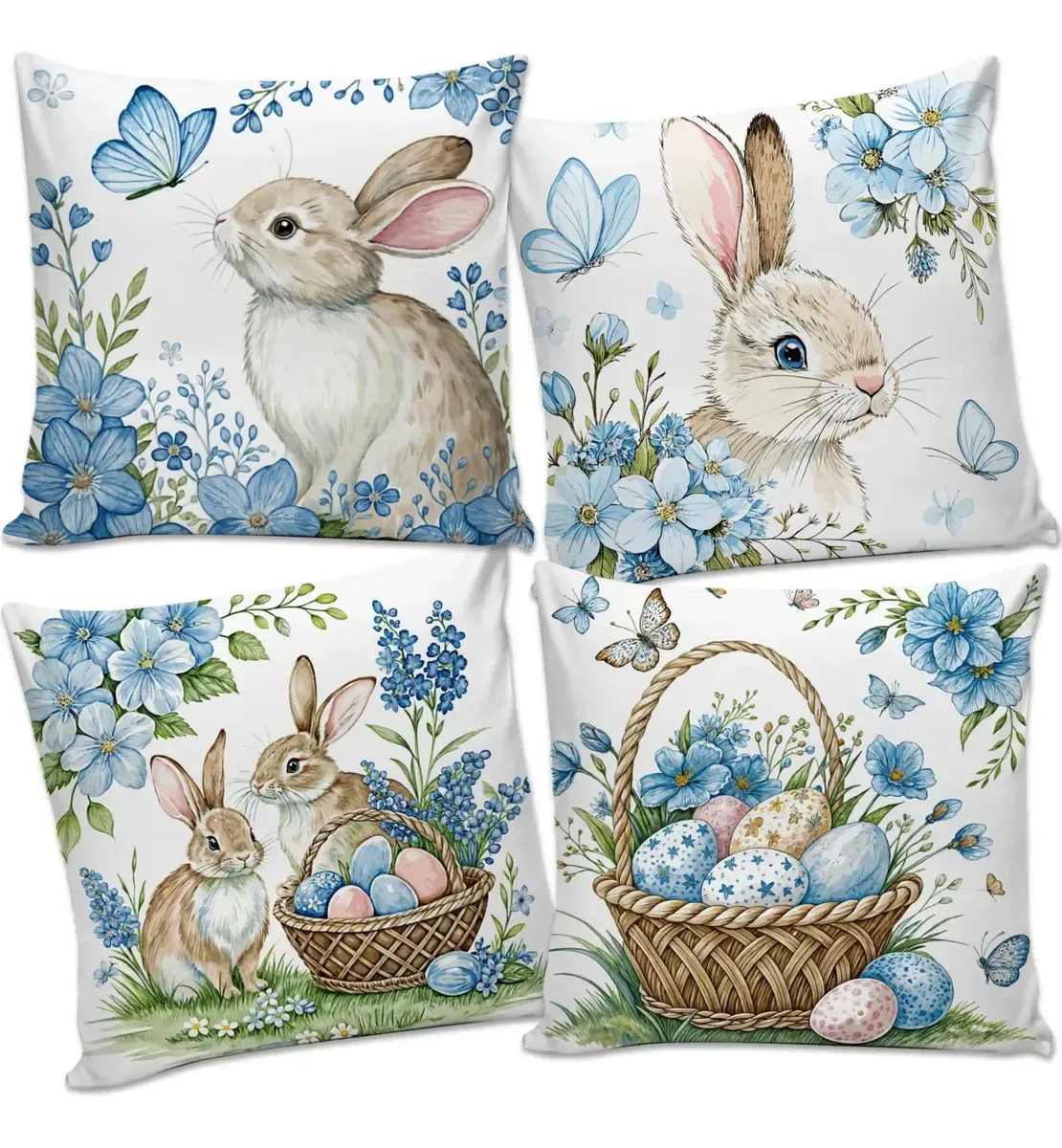 Kit Capa De Almofada Coelhos Decoração Para Páscoa 45x45cm Azul E Branco Coelhos