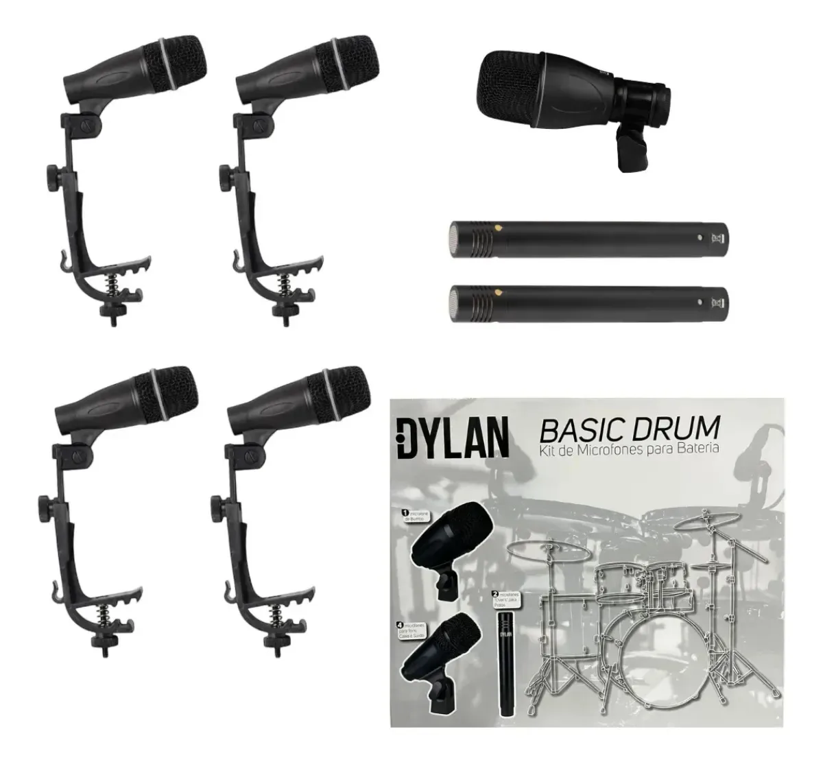 Kit 7 Microfones Para Bateria Dylan Basic Drum Igreja Show Preto