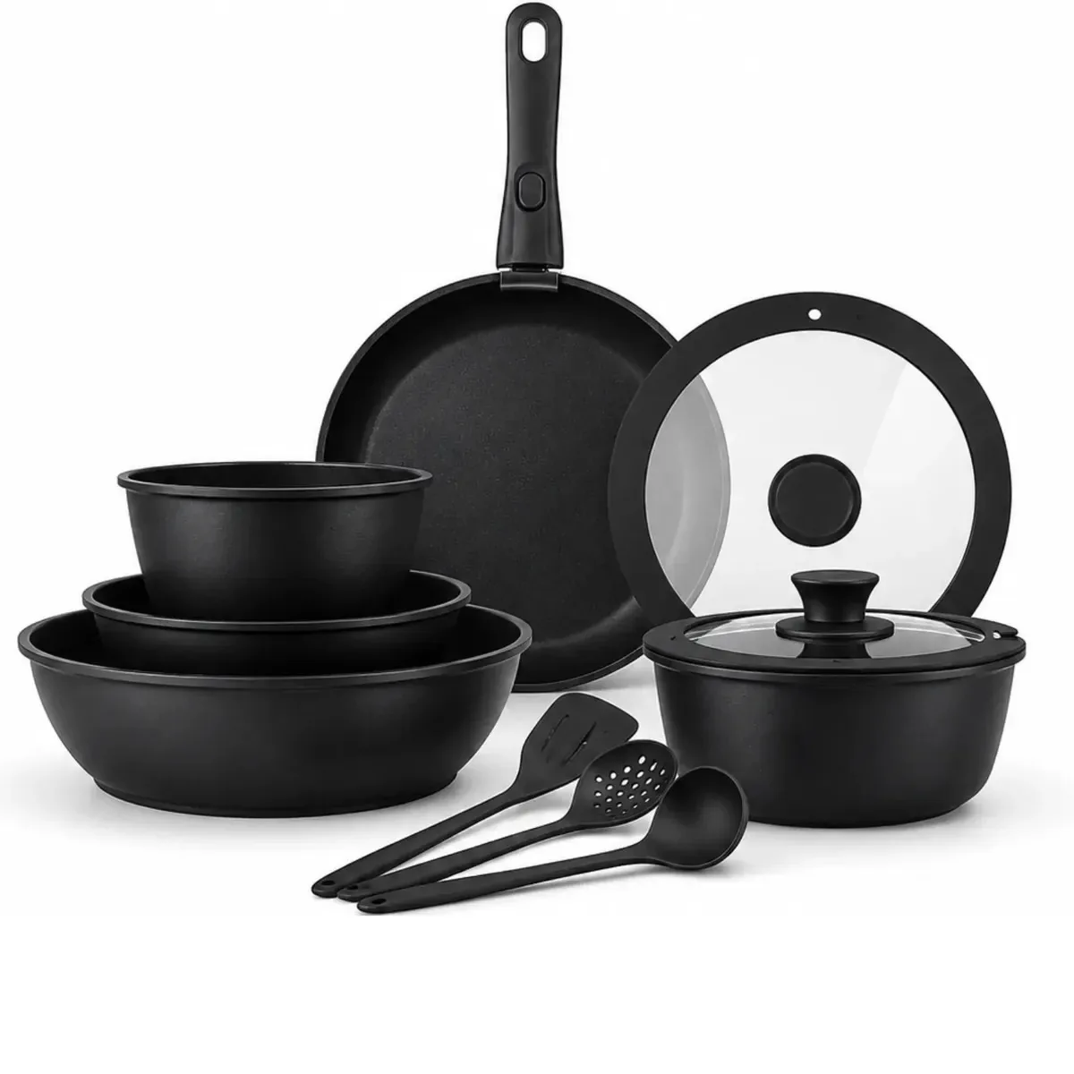 Jogo Panelas Indução Antiaderente 11 Peças Cabo Removível Frigideiras Caçarolas Tampas Vidro Utensílios Silicone Kit Completo Cozinha Gás Elétrico Vitrocerâmico Preta
