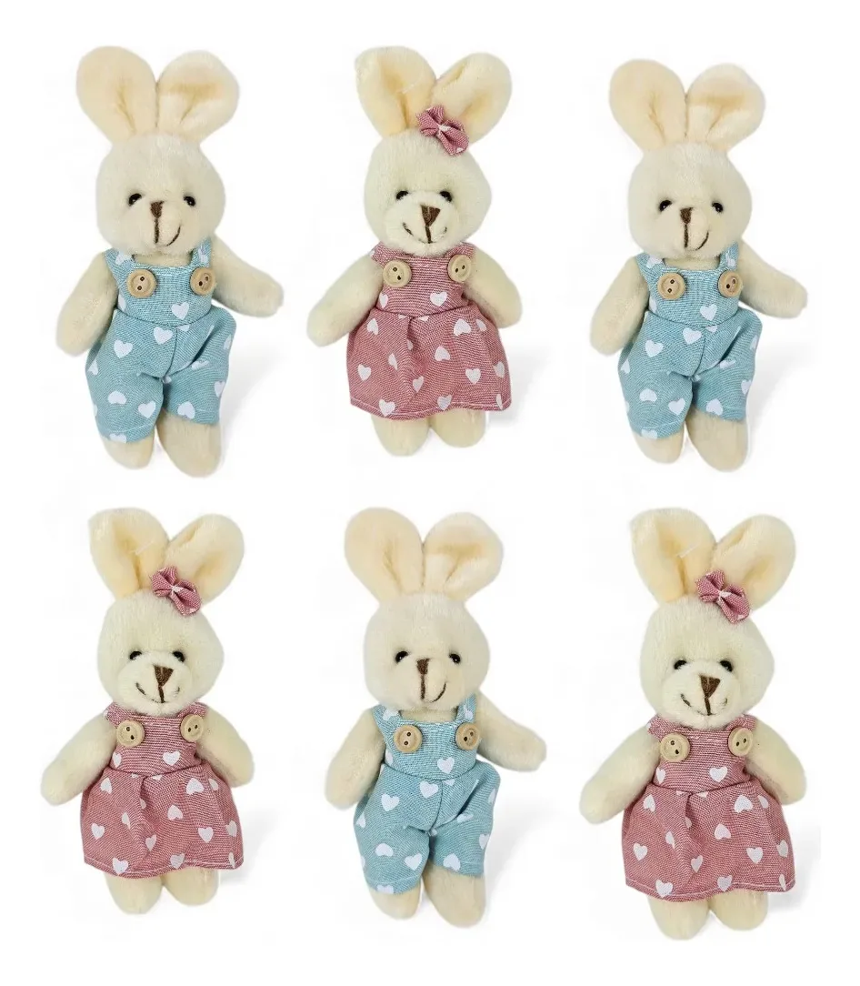 Kit 6 Coelhos De Páscoa Pelúcia Casal Roupinha Coração 16cm