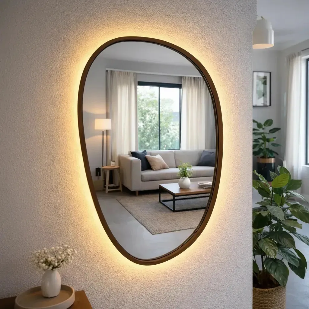 Espelho Organico 100x60 Moldura Madeira Led Indireto Lâmina Madeira Maciça