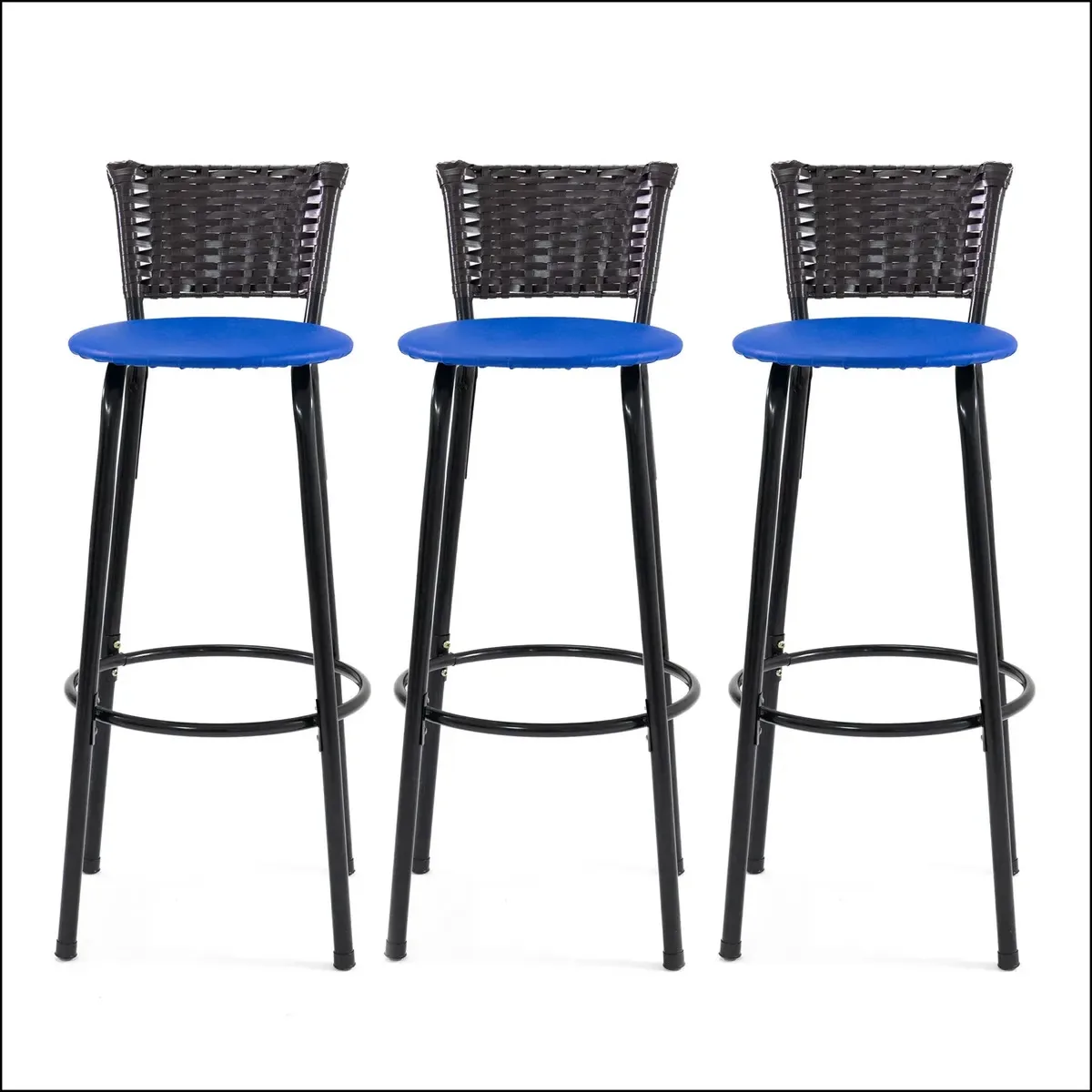 Kit 3 Banquetas Modernas Com Detalhe Trançado E Assento Tabaco Azul