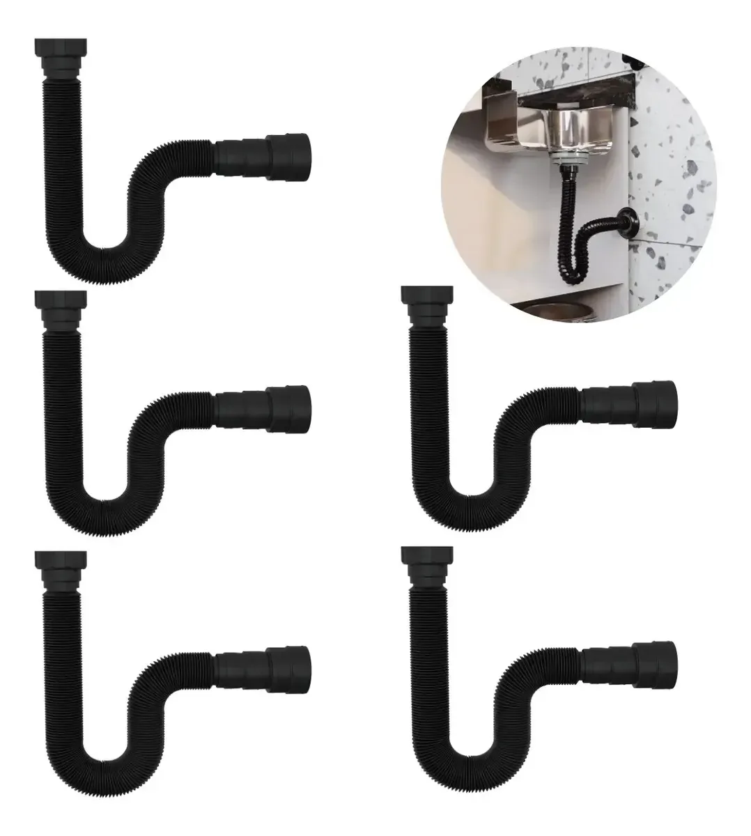 Kit com 5 Sifões Sanfonados Universais de 73cm Pretos para Pia e Tanque