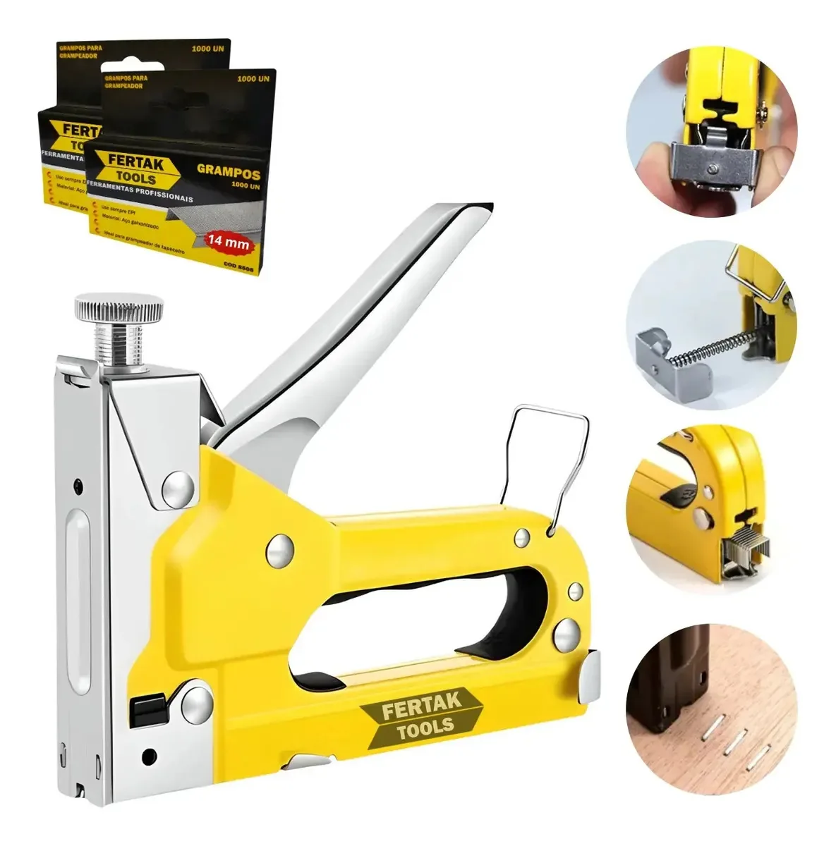 Grampeador Pressão Tapeceiro Madeira + 2000 Grampos 14mm