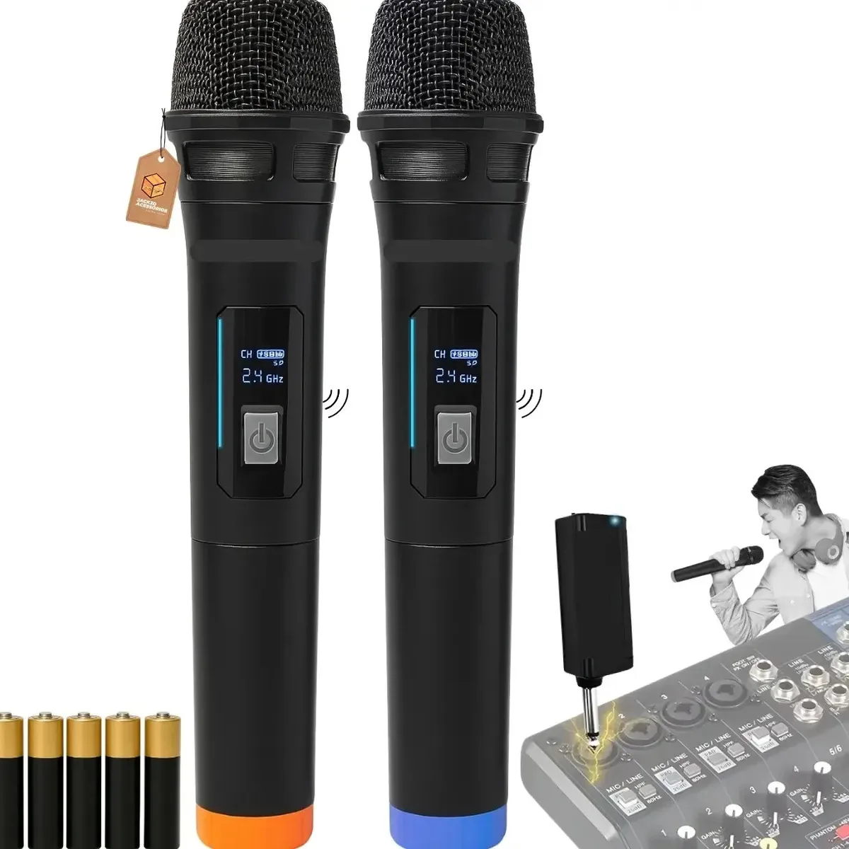 Kit de Microfones Dinâmicos Sem Fio JACK3D ACESSÓRIOS Duplo para Karaokê e Canto