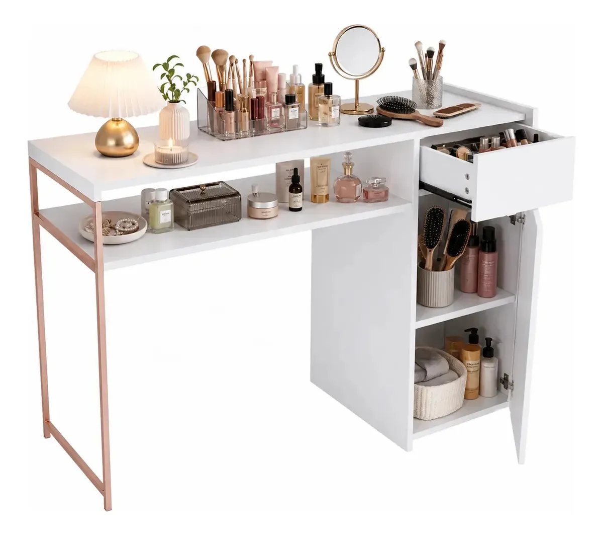Mesa Penteadeira Escrivaninha Industrial Camarim Com Armário Rosê-gold