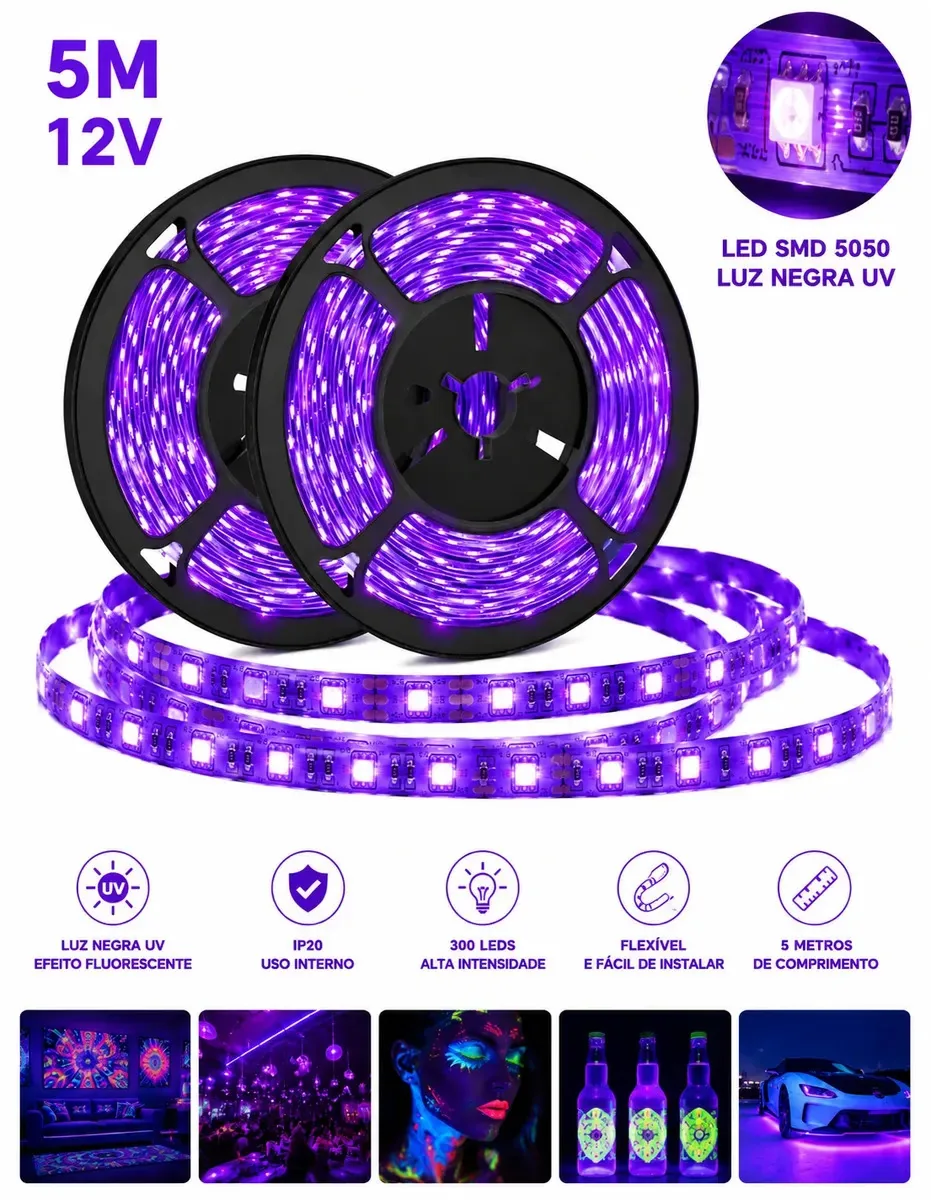 Fita LED Luz Negra UV Ultravioleta 5m 12V SMD 5050 IP20 300 LEDs Flexível para Decoração, Balada, Festa, Serigrafia e Efeitos Fluorescentes
