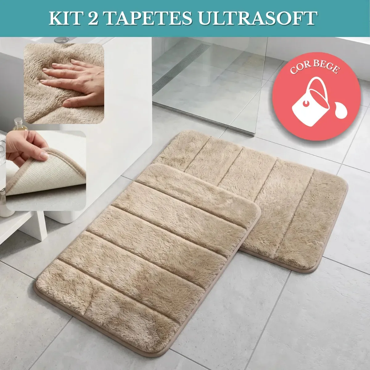 Jogo De Tapetes Para Banheiro Kit 2 Unidades Super Soft 60x40 Macios Alta Absorcao Base Antiderrapante Premium - Bege