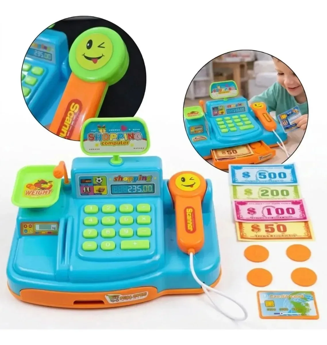 Caixa Registradora Brinquedo Scanner Luz Som Dinheirinho Azul