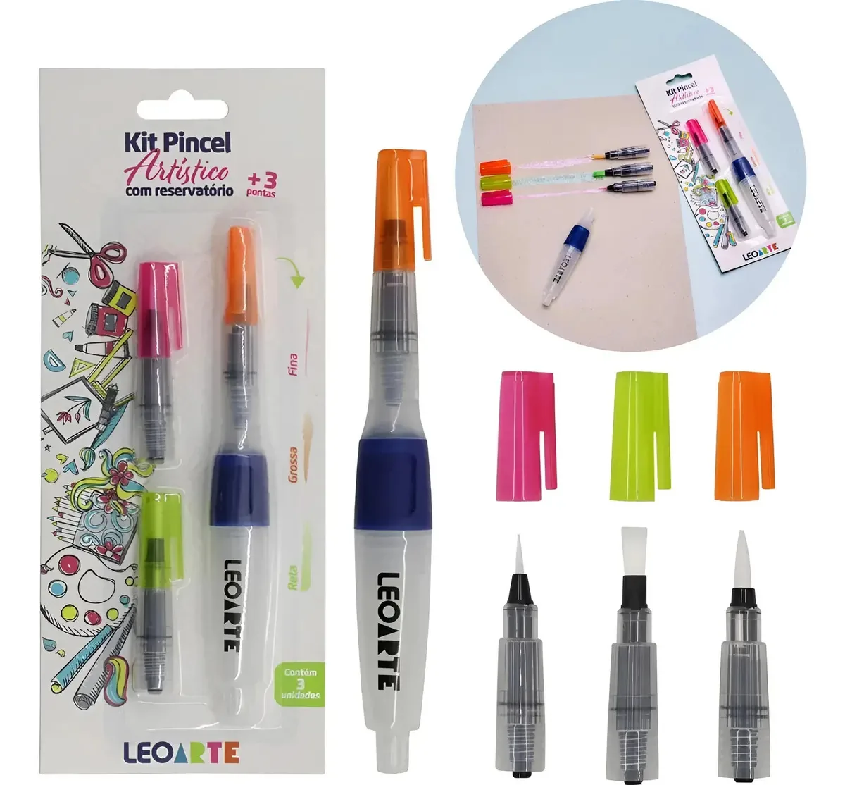 Kit Pincel Artístico Com Reservatório E 3 Pontas Leoarte Branco