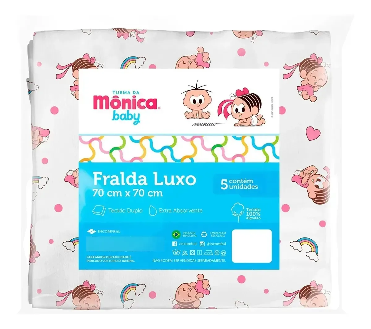 Kit 5 Fraldas De Pano Menina Cueiro Pano De Boca 100% Algodão Luxo Turma Da Mônica Com Bainha Overlock 70x70 Cm Enxoval Bebe Maternidade Cha De Bebe Infantil Menino Menina Estampado Macio