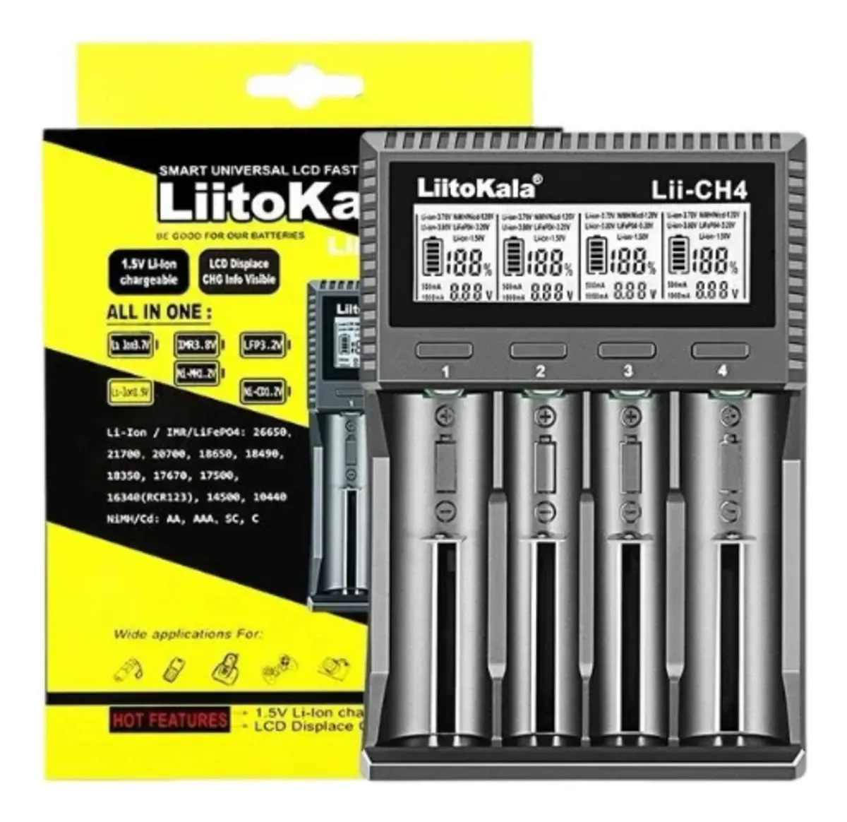 Carregador Inteligente de Pilhas LiitoKala Lii-CH4, com 4 Portos USB-C e Indicador de Carga
