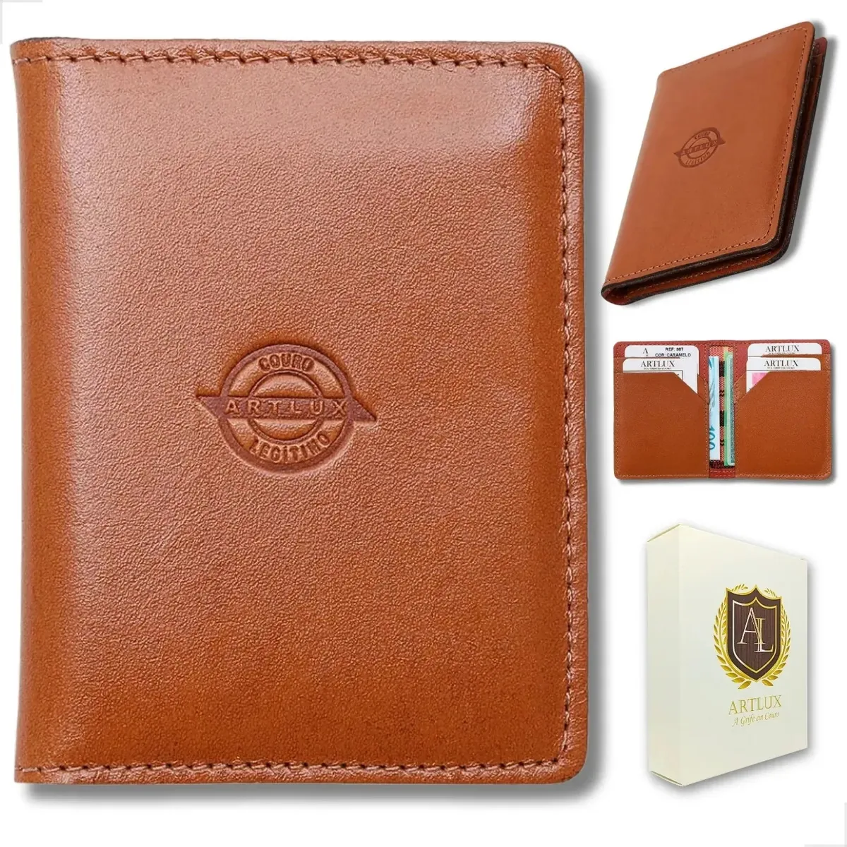 Carteira Masculina Couro Legítimo Slim Cnh, Cédulas, Cartões Caramelo Liso