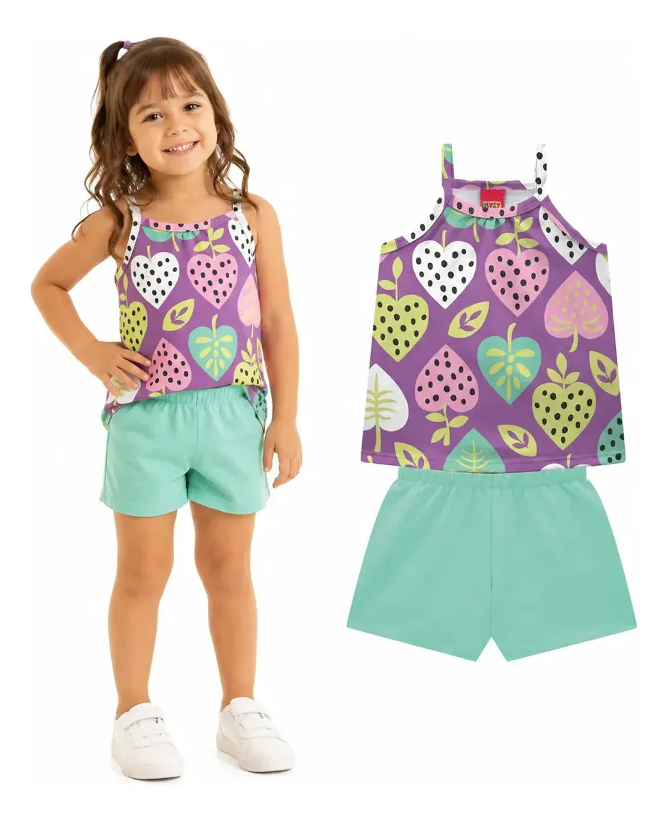 Conjunto Infantil Menina Kyly Verão Blusa Leve E Shorts Liso Lilás 2