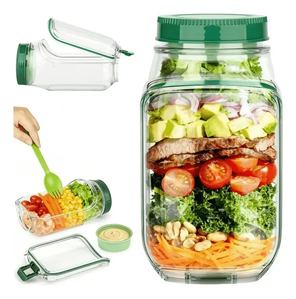 Pote para Salada Hermético com Abertura Lateral e Recipiente para Molho