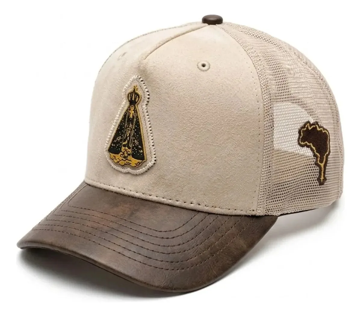 Boné Country Trucker Nossa Senhora Aparecida Agro Aba Preto Bege Un Padroeira Do Brasil