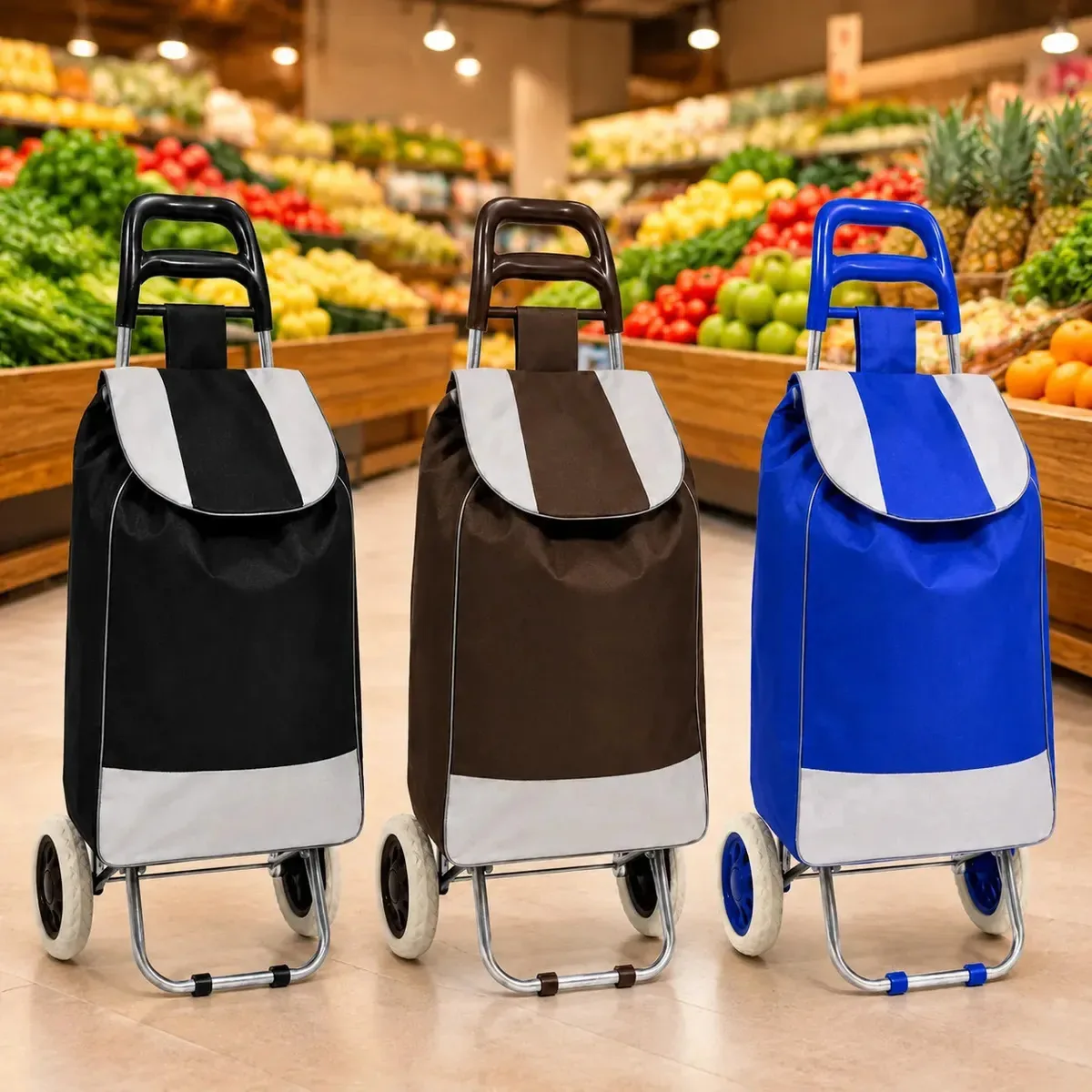 Carrinho De Feira Dobrável Compras Supermercado Sacola 30kg Com Rodas Reforçadas Portátl Azul