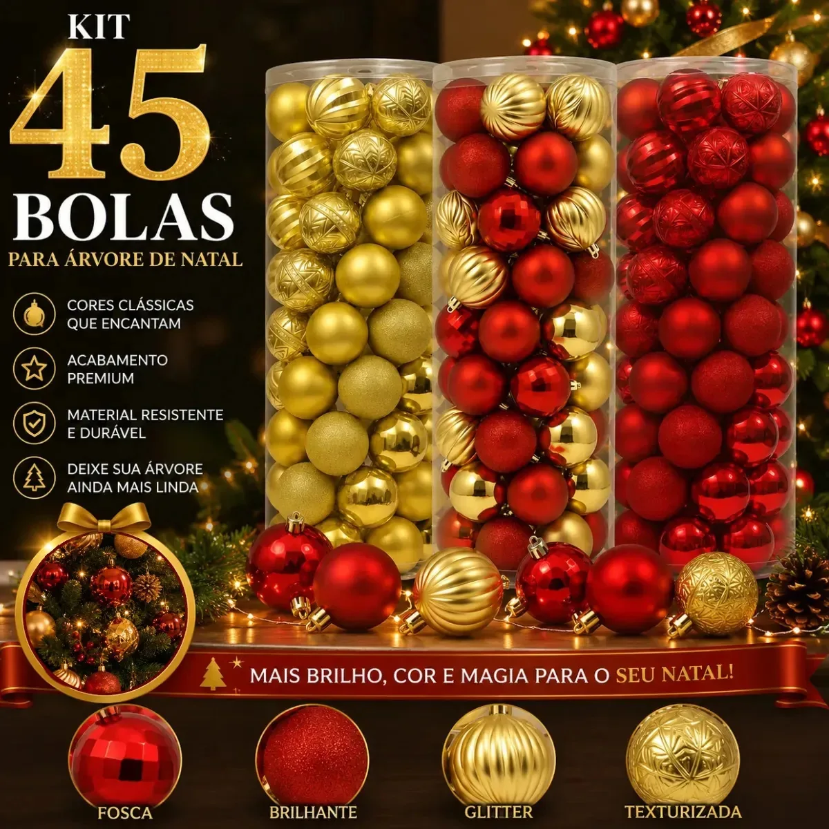 Kit 45 Bolas Enfeite Para Arvore de Natal Decoração Natalina Bolinhas Premium Luxo Sambalelê Artigos Para Festas E Descartáveis Vermelha