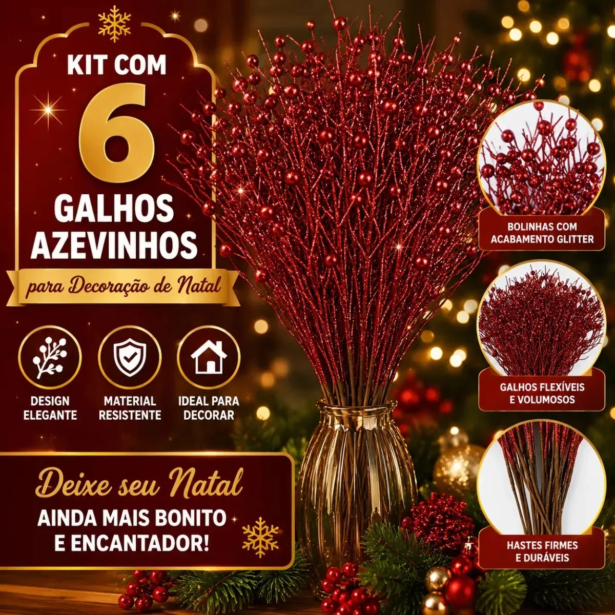 Kit 6 Azevinhos Buque Enfeites De Natal Glitter Galhos Bolha De Barba Artificial Haste Sambalelê Artigos Para Festas E Descartáveis Vermelho