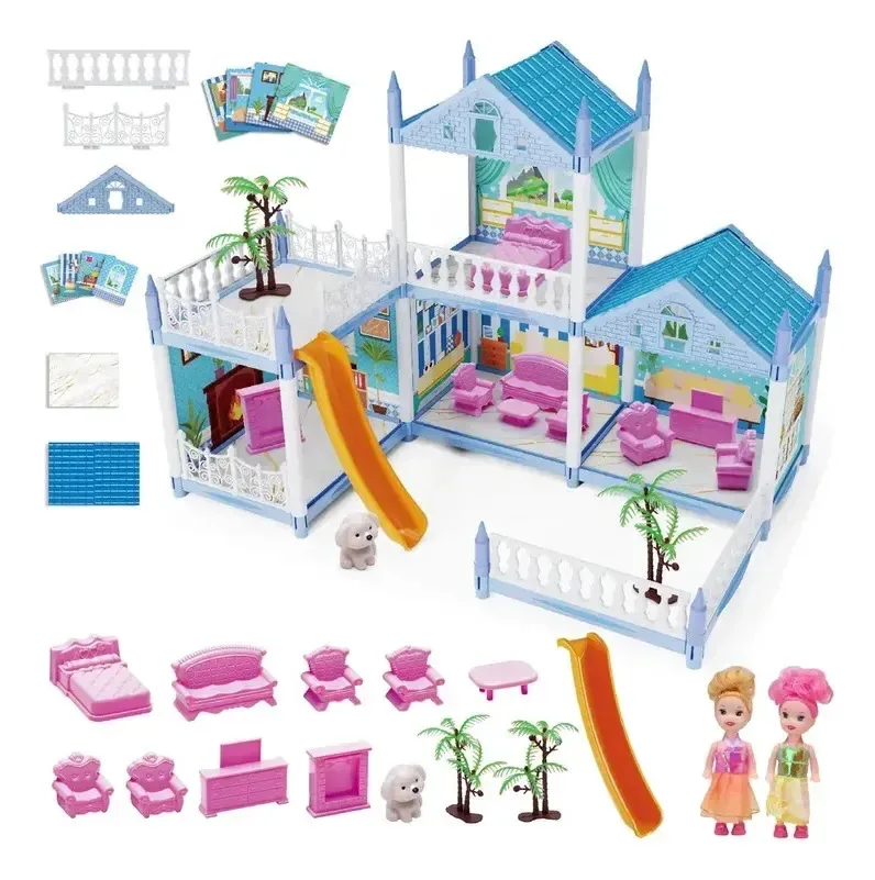 Casa De Bonecas Infantil Completa Com Mini Bonecas Cachorrinho Móveis E Escorregador Mansão De Brinquedo Presente Criativo Meninas Diversão