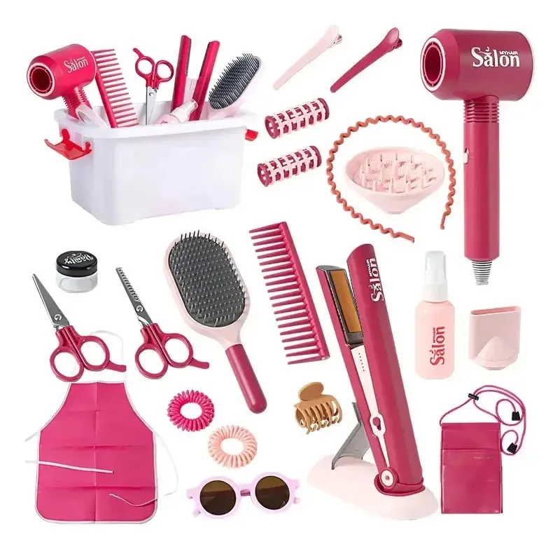 Kit Salão De Beleza Infantil Menina Completo Secador Chapinha Escova Espelho E Maleta Brinquedo De Cabeleireira Educativo Presente