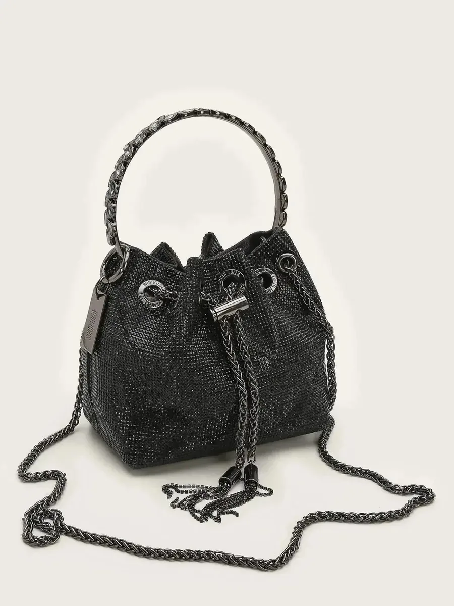 Bolsa Santa Lolla Bucket Shiny Brilho Strass Preta Preto Strass Níquel
