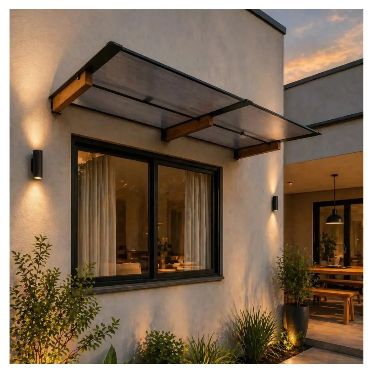 Toldo Policarbonato 380x100 P/ Janelas E Portas Pergolado Casa Reforma Chuva Agua Protetor Resistente Moderno Madeira Bronze
