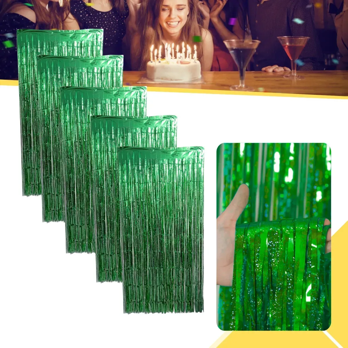 Kit 5 Cortinas Metalizada Holográfica 2x1m Festa Decoração Verde