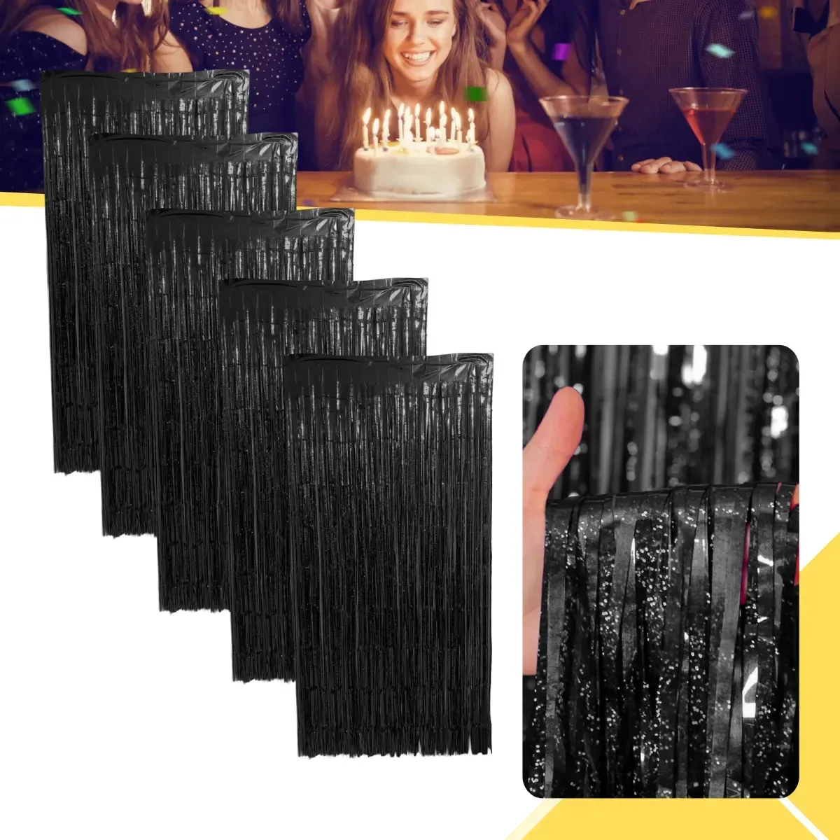 Kit 5 Cortinas Metalizada Holográfica 2x1m Festa Decoração Preto