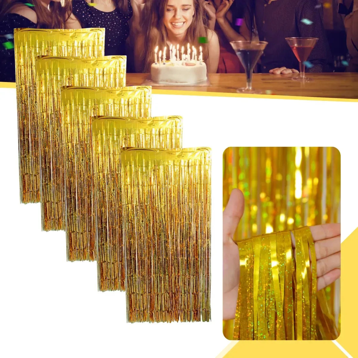 Kit 5 Cortinas Metalizada Holográfica 2x1m Festa Decoração Dourado
